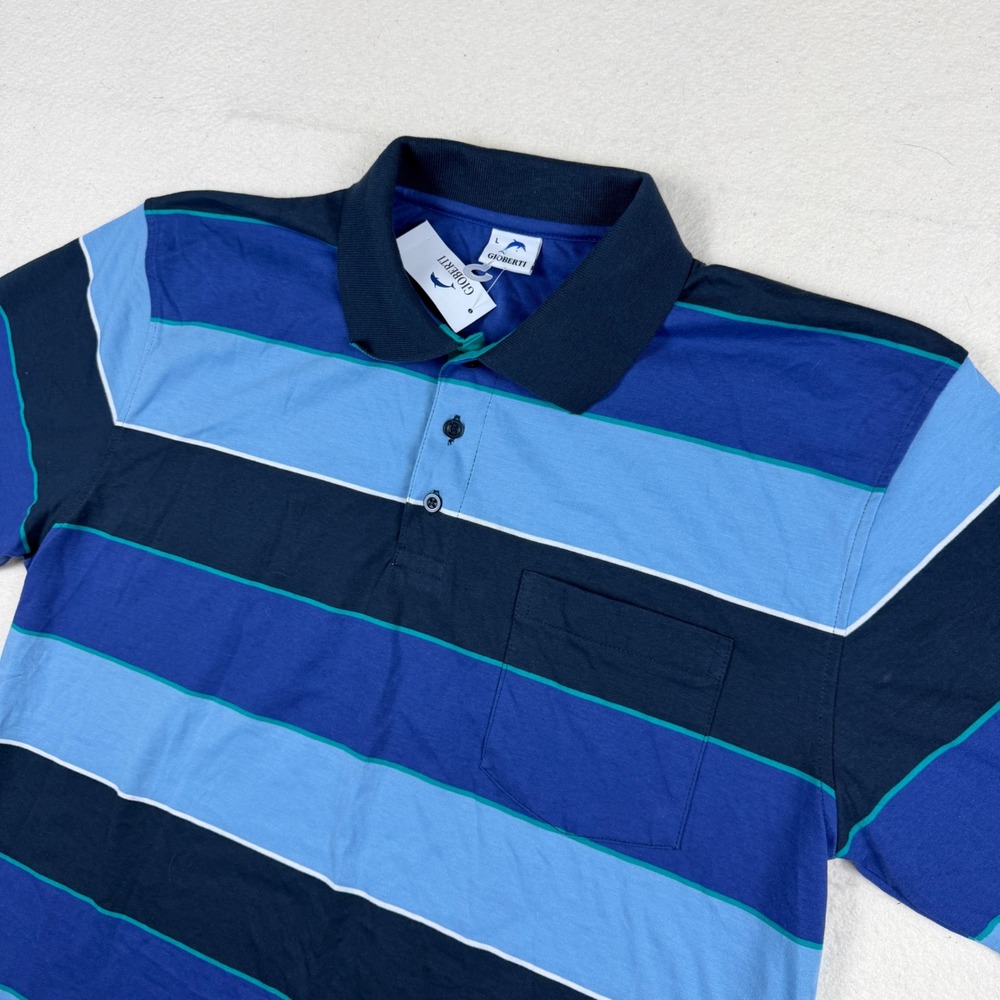 Gioberti Mens Blue Striped Short Sleeve Polo Shirt Pocket PS-939 Size L NWT